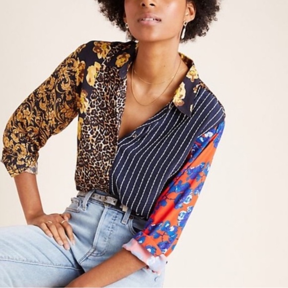 Anthropologie Tops - Anthropologie Top Women's XS Dhruv Kapoor Mixed Print Button Down Blouse